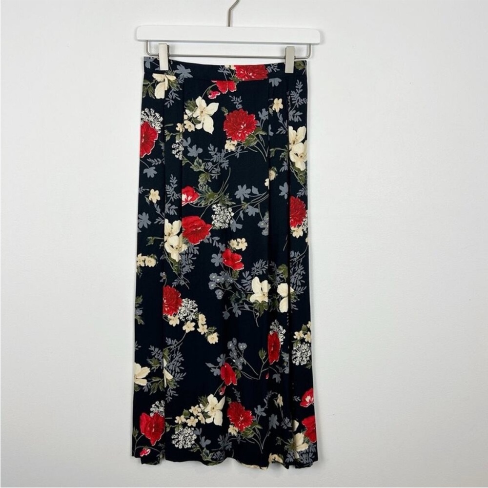 Southern Lady Floral Midi Skirt Women's Size 10 Navy Blue / Red / White Vintage